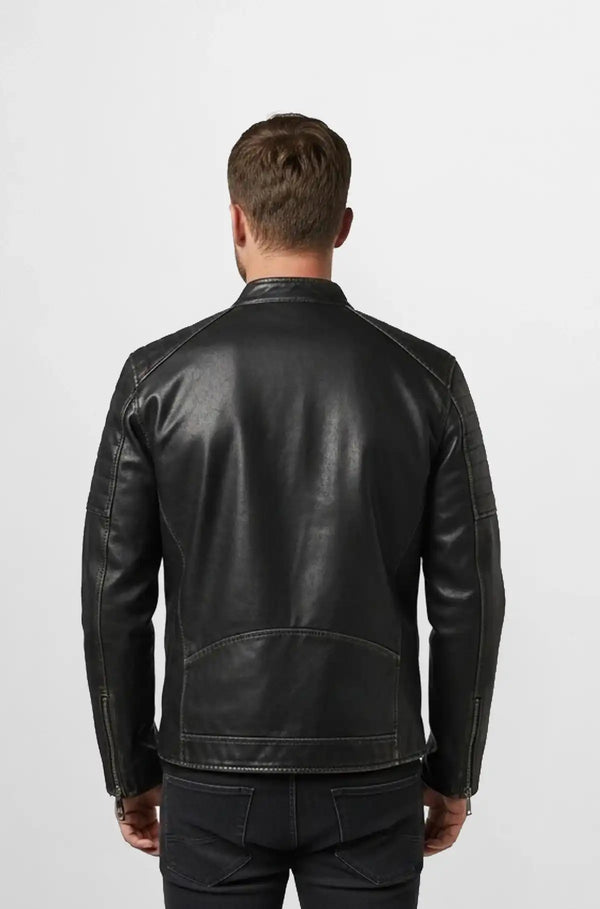 Jet Black Leather Biker Jacket Back view