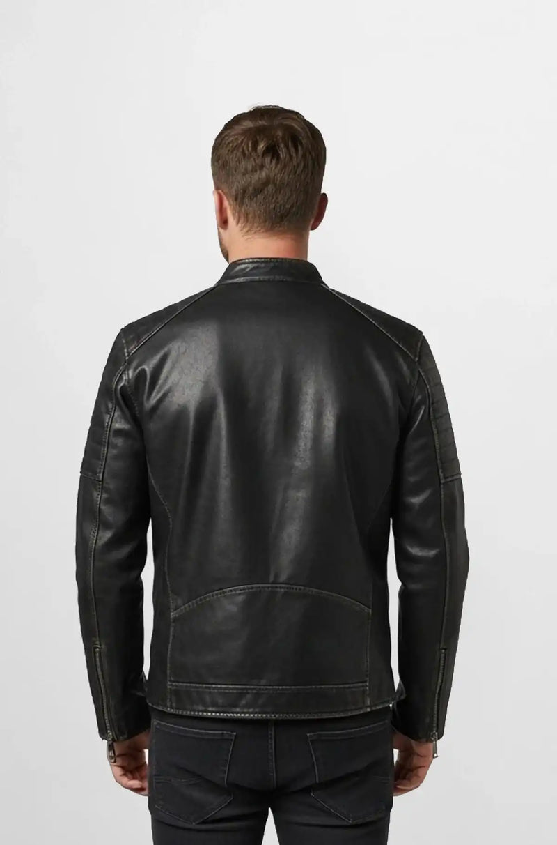 Jet Black Leather Biker Jacket Back view
