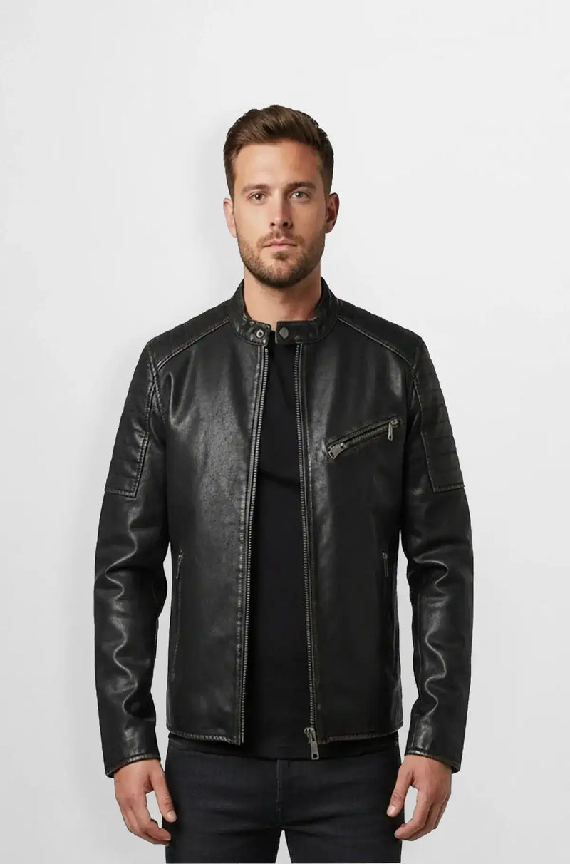 Jet Black Leather Biker Jacket Front view
