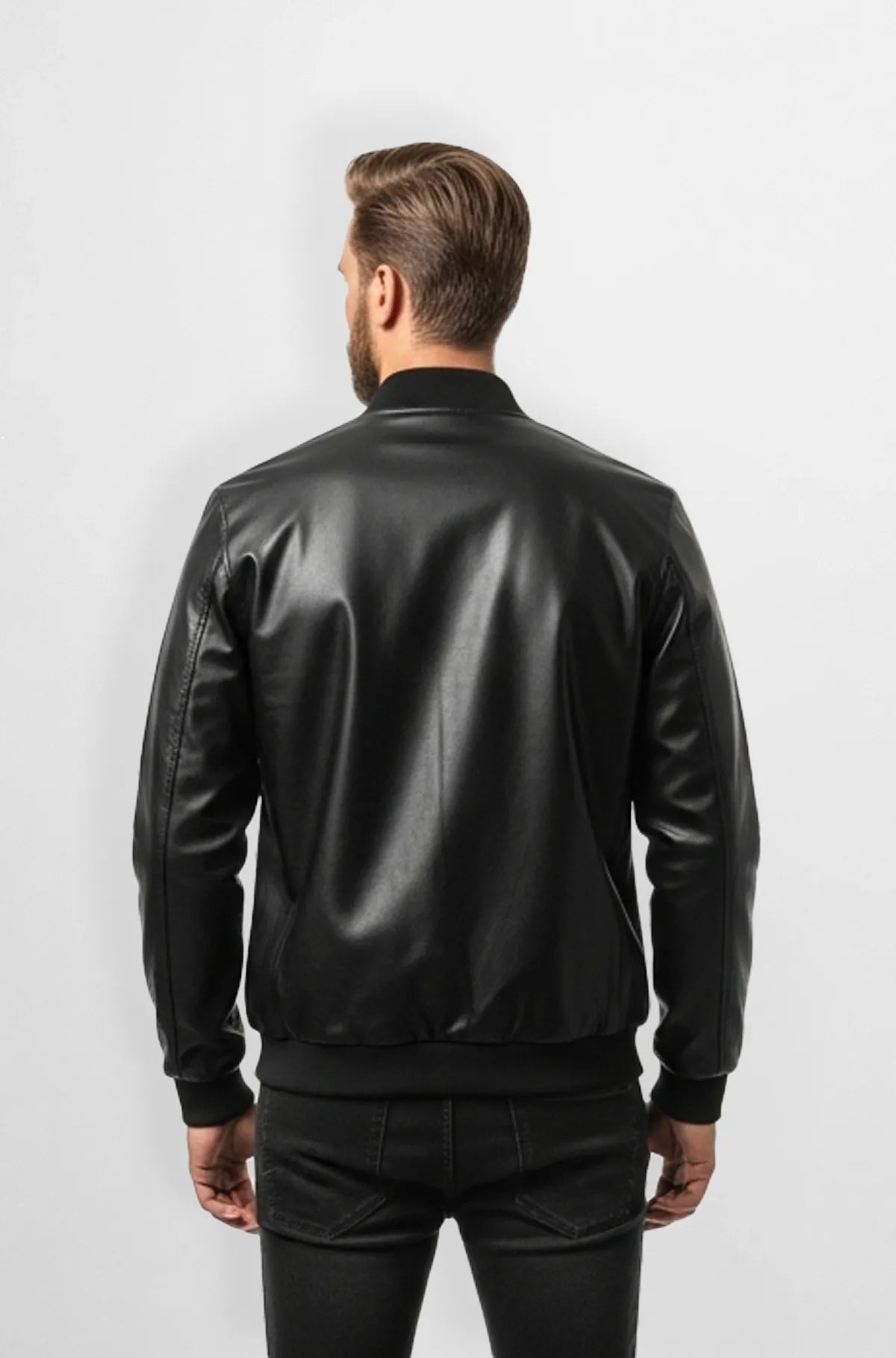 Jet Black Leather Bomber Jacket Back view