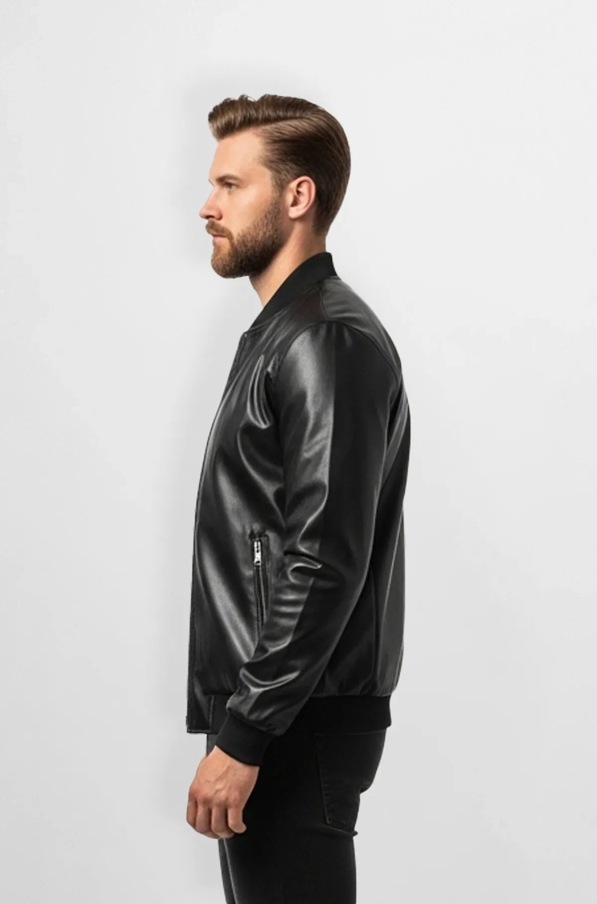 Jet Black Leather Bomber Jacket Side view
