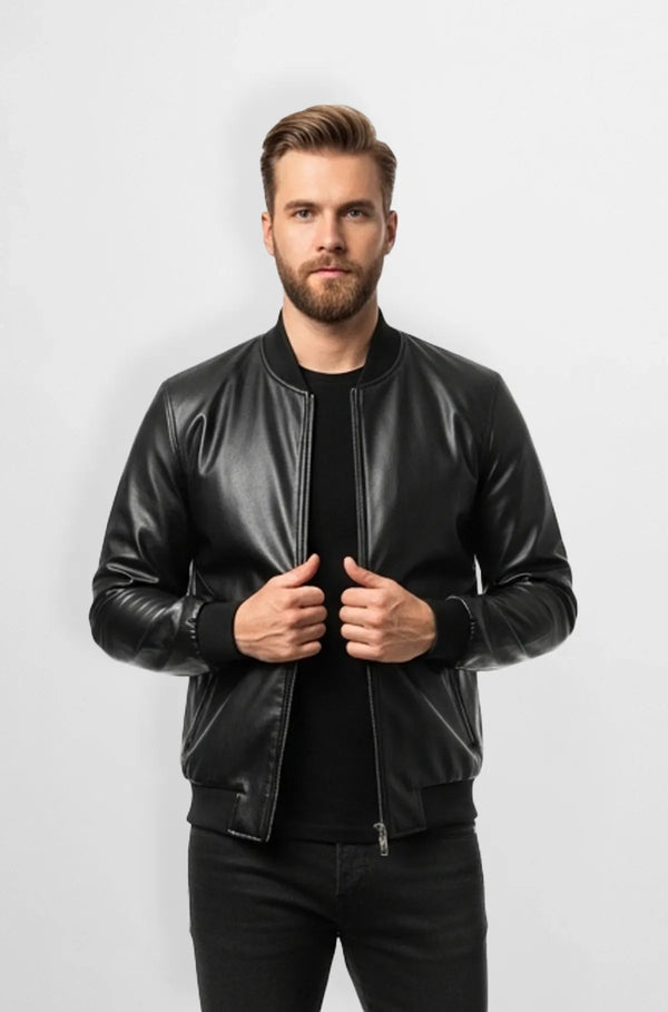 Jet Black Leather Bomber Jacket Front view