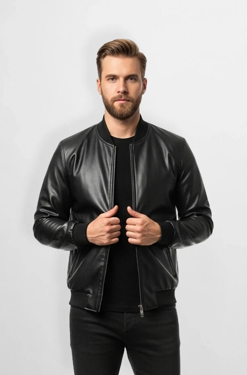 Jet Black Leather Bomber Jacket Front view