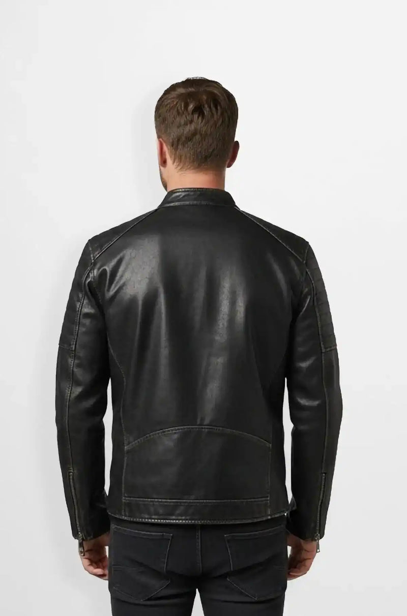 Jet Black Leather Cafe Racer Jacket Back view