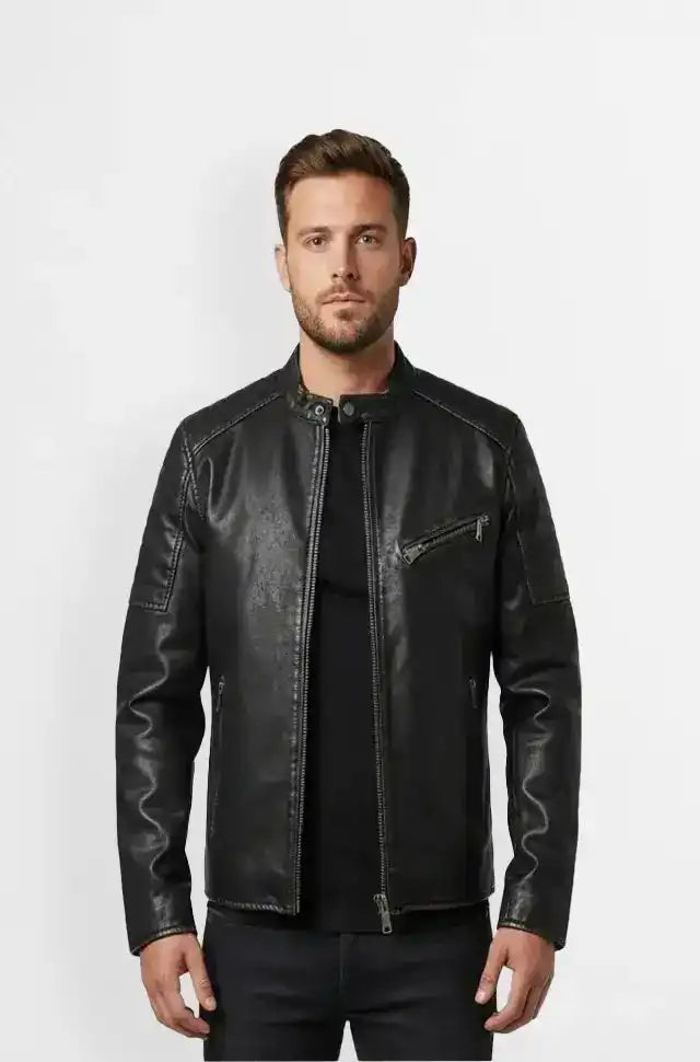 Jet Black Leather Cafe Racer Jacket Front view