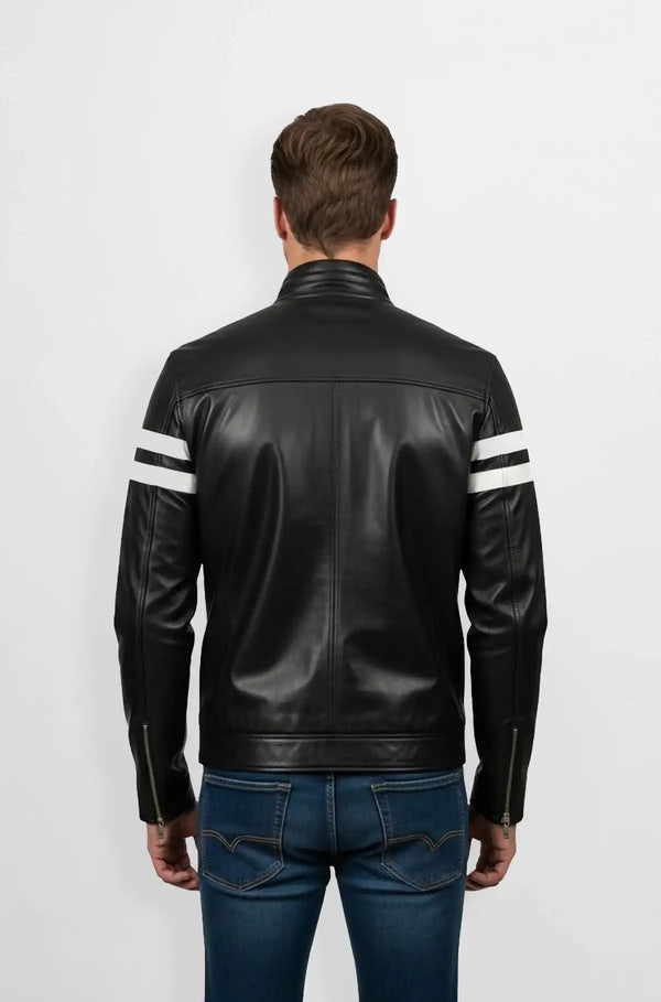 Jet Black Leather Moto Jacket Back view