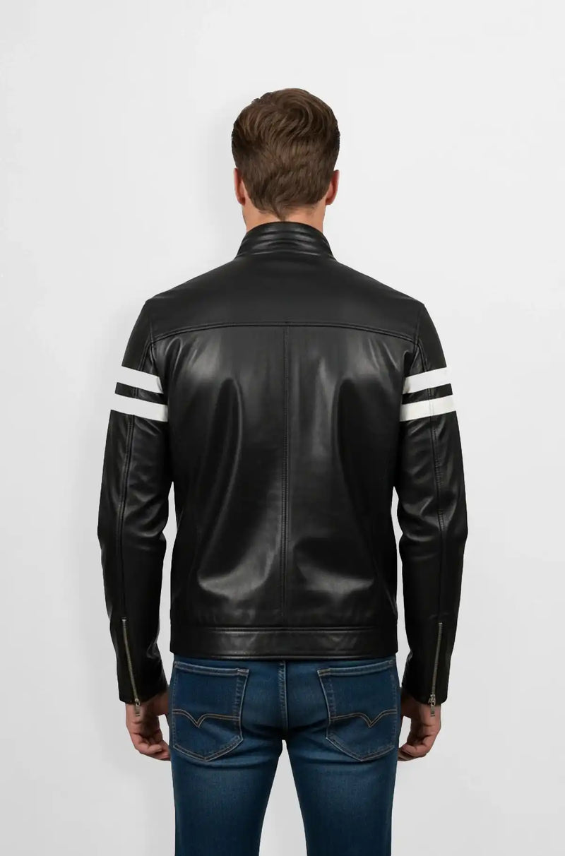 Jet Black Leather Moto Jacket Back view