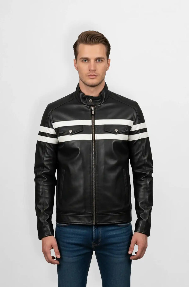 Jet Black Leather Moto Jacket Front view
