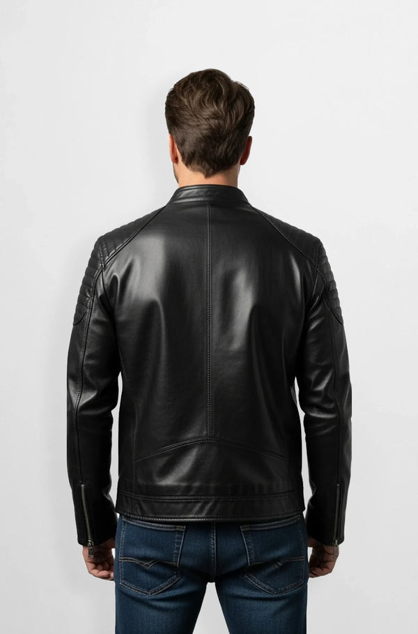 Jet Black Leather Racer Jacket Back view