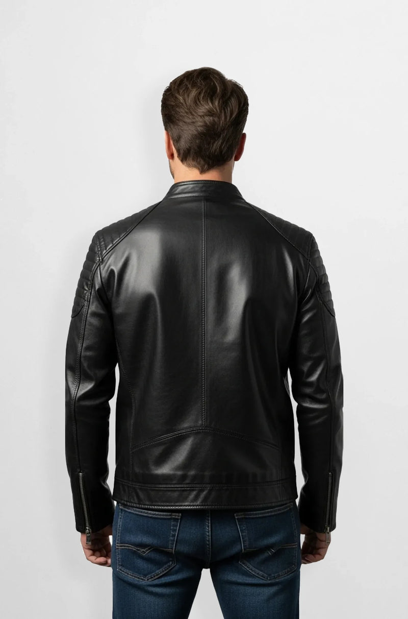 Jet Black Leather Racer Jacket Back view