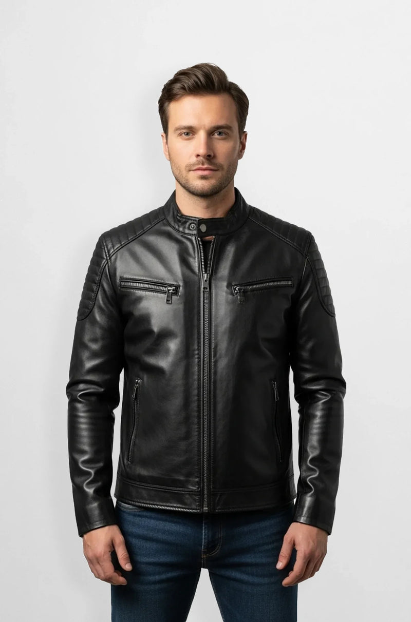 Jet Black Leather Racer Jacket Front view