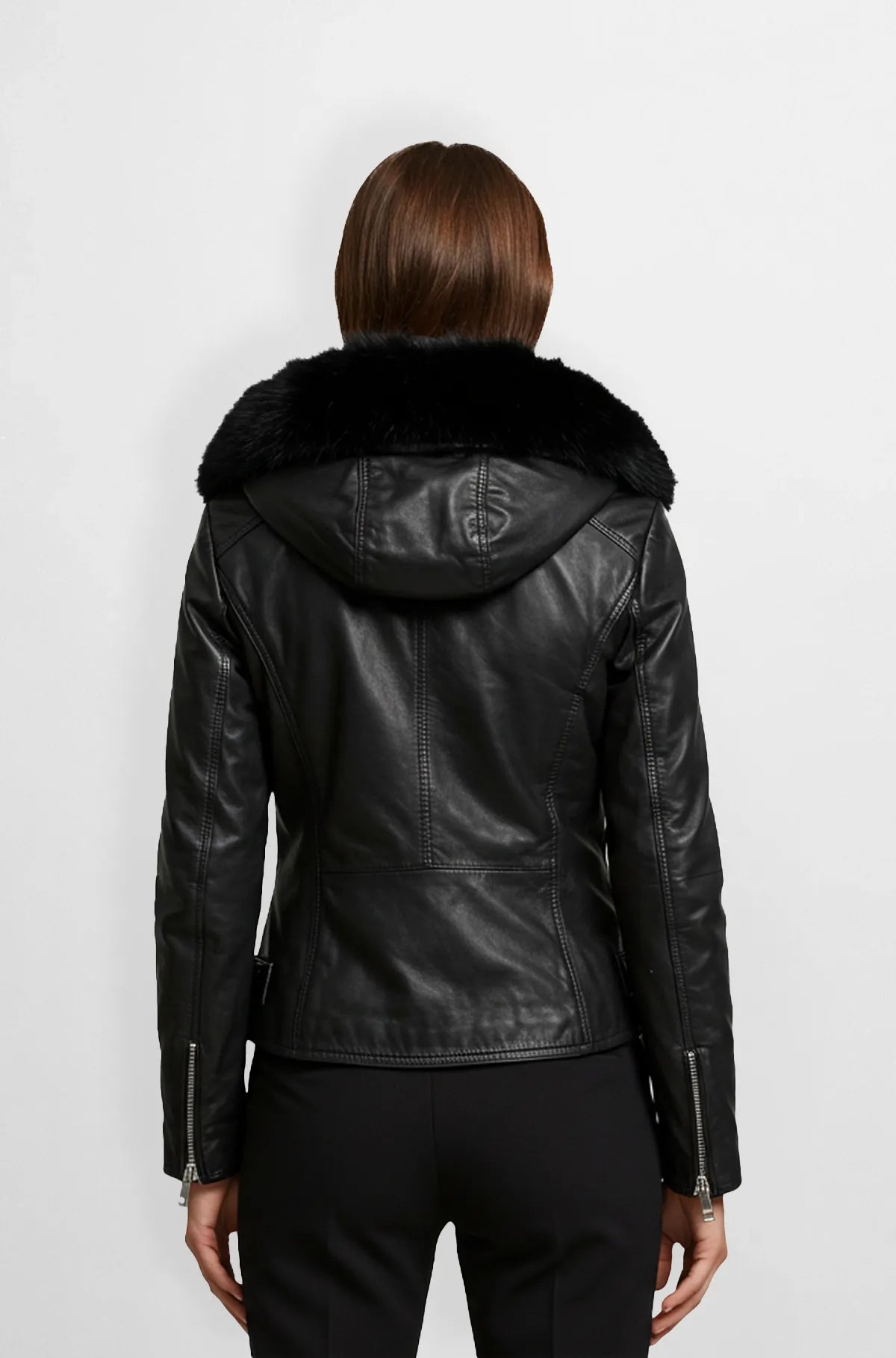 Jet Black Moto Fur Hooded Leather Jacket Back view