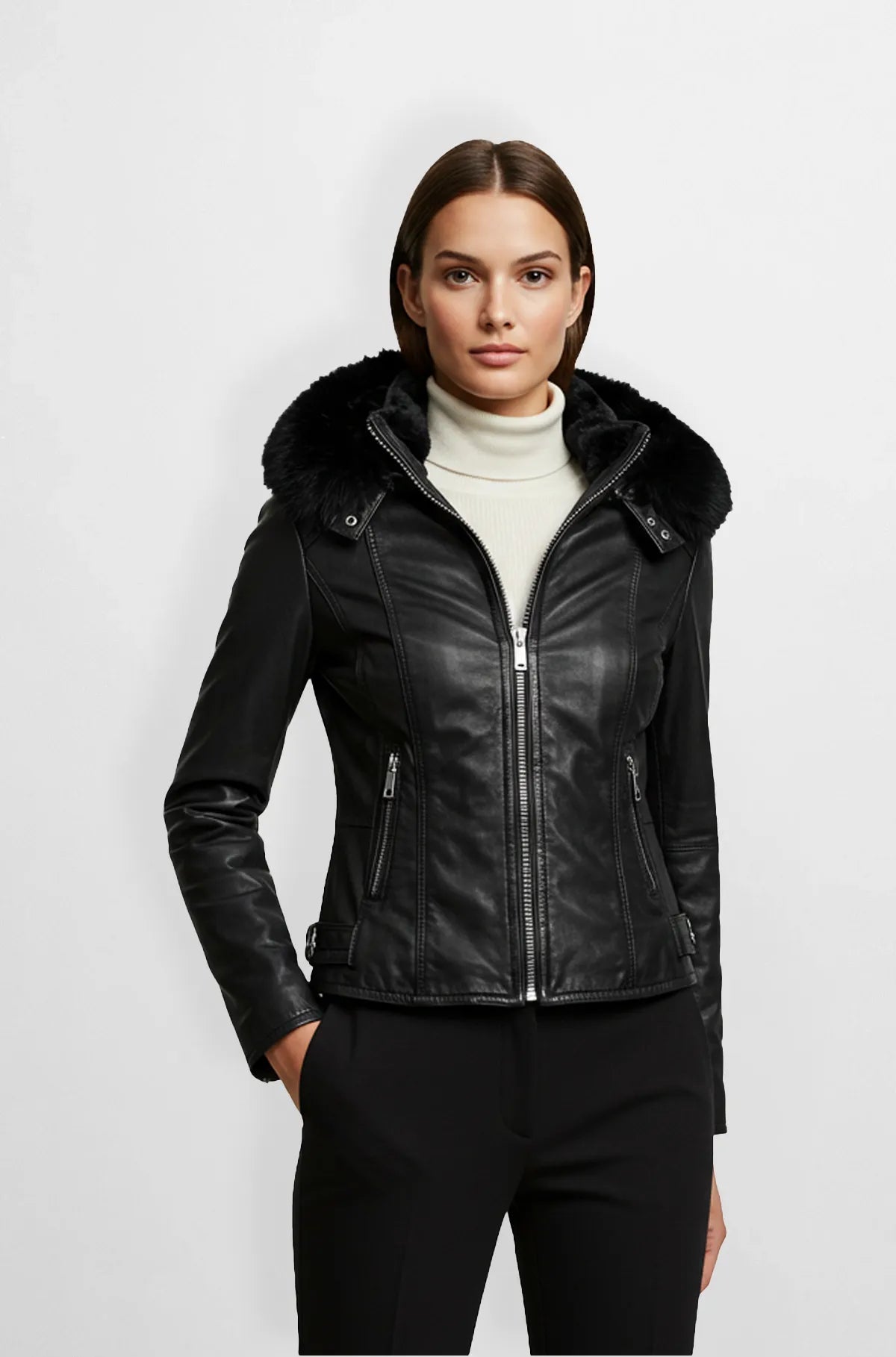 Jet Black Moto Fur Hooded Leather Jacket Front view