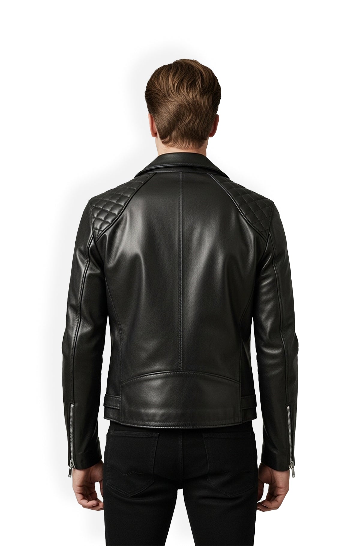 Jet Black Quilted Biker Leather Jacket Back Usa