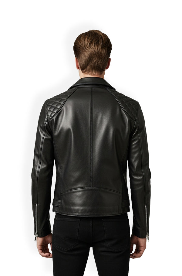 Jet Black Quilted Biker Leather Jacket Back Usa