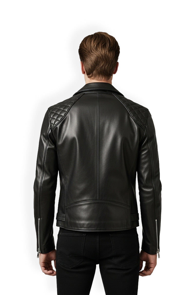 Jet Black Quilted Biker Leather Jacket Back Usa