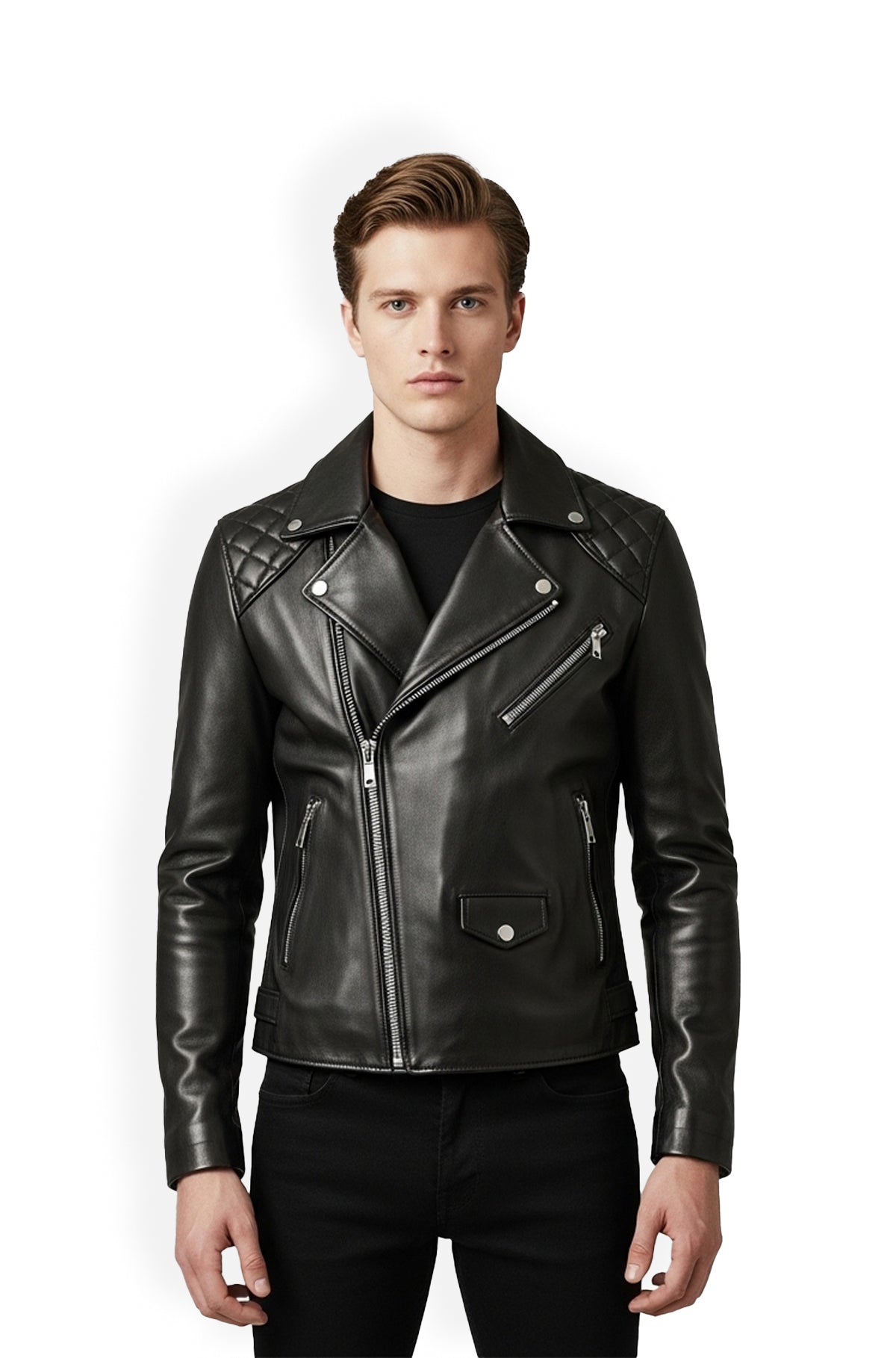 Jet Black Quilted Biker Leather Jacket Front Usa