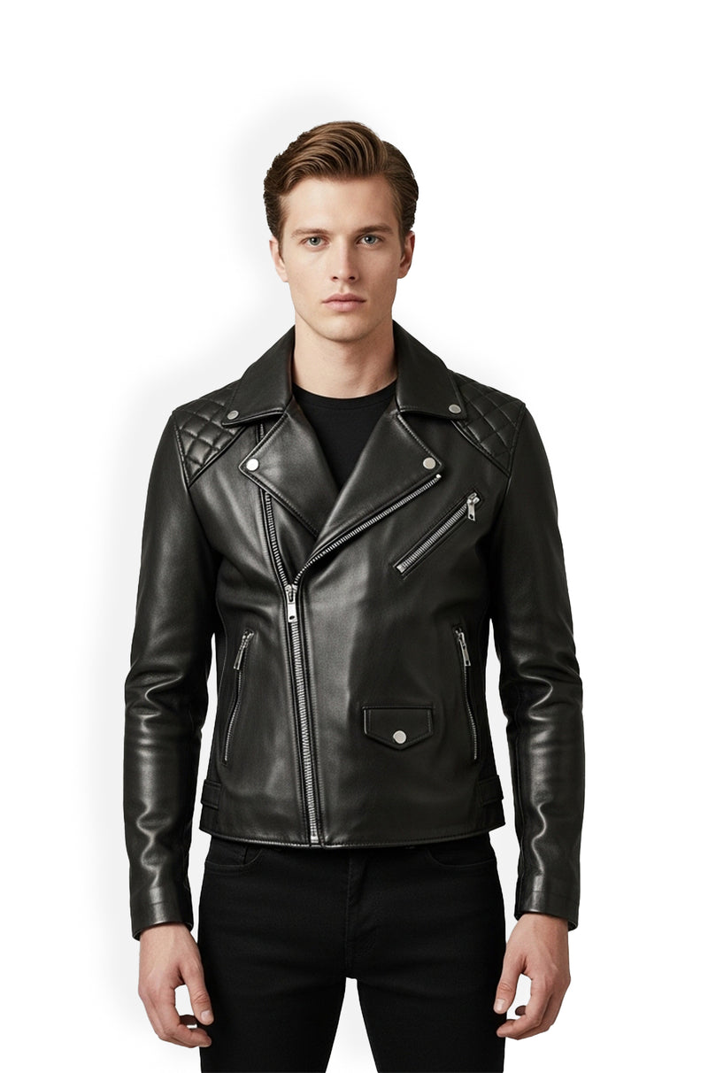 Jet Black Quilted Biker Leather Jacket Front Usa