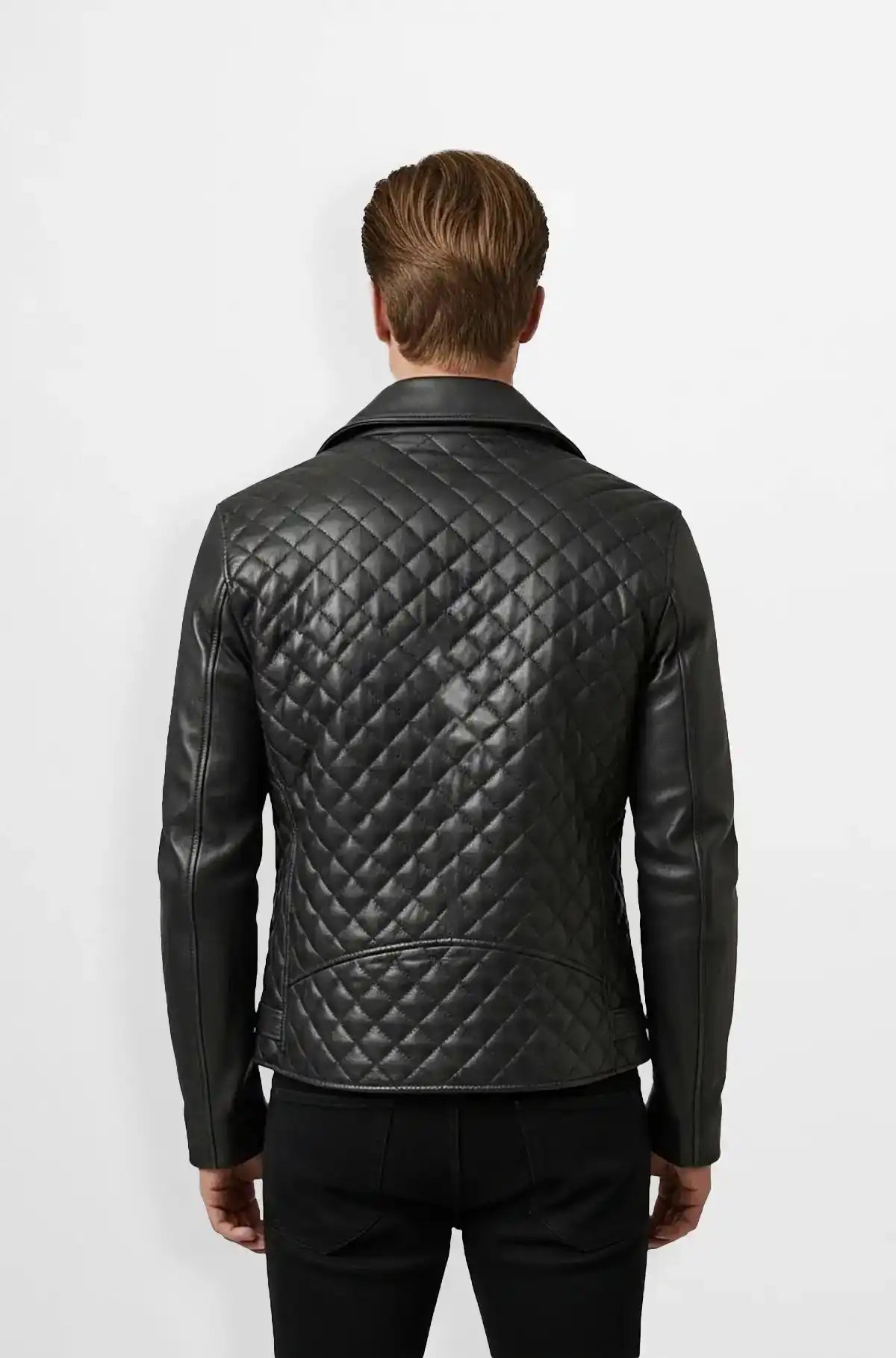 Jet Black Quilted Leather Biker Jacket Back view