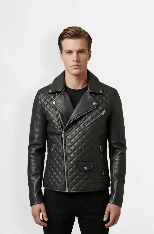 Jet Black Quilted Leather Biker Jacket Front view