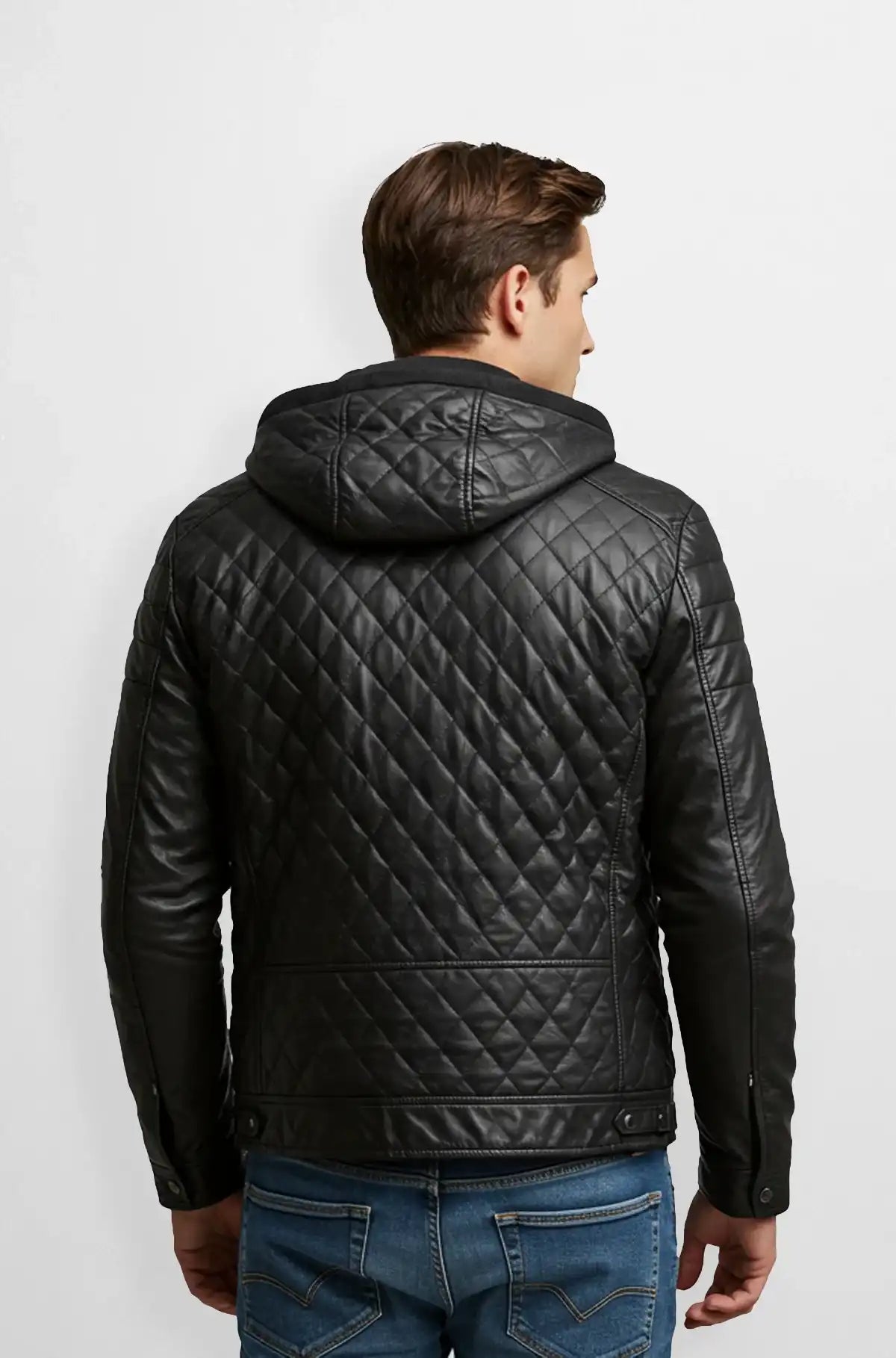Jet Black Quilted Leather Hoodie Jacket Back view