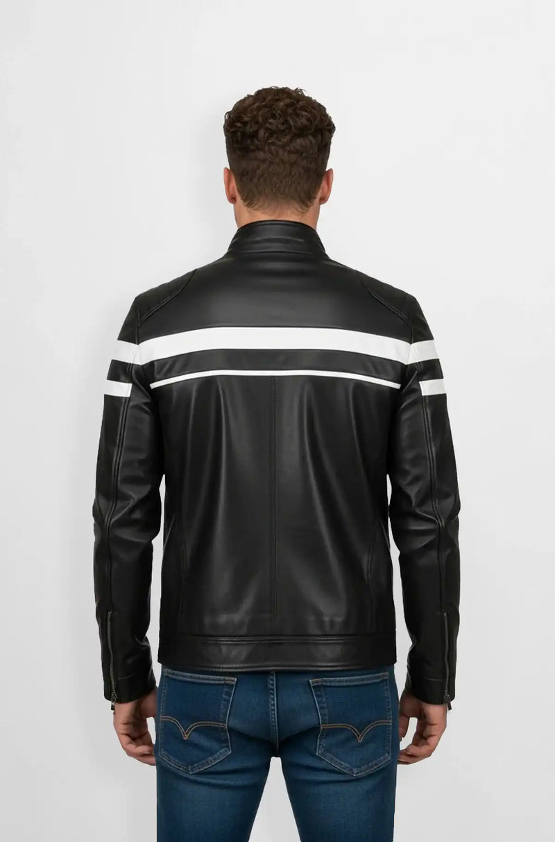 Jet Black White Stripes Leather Biker Jacket Back view
