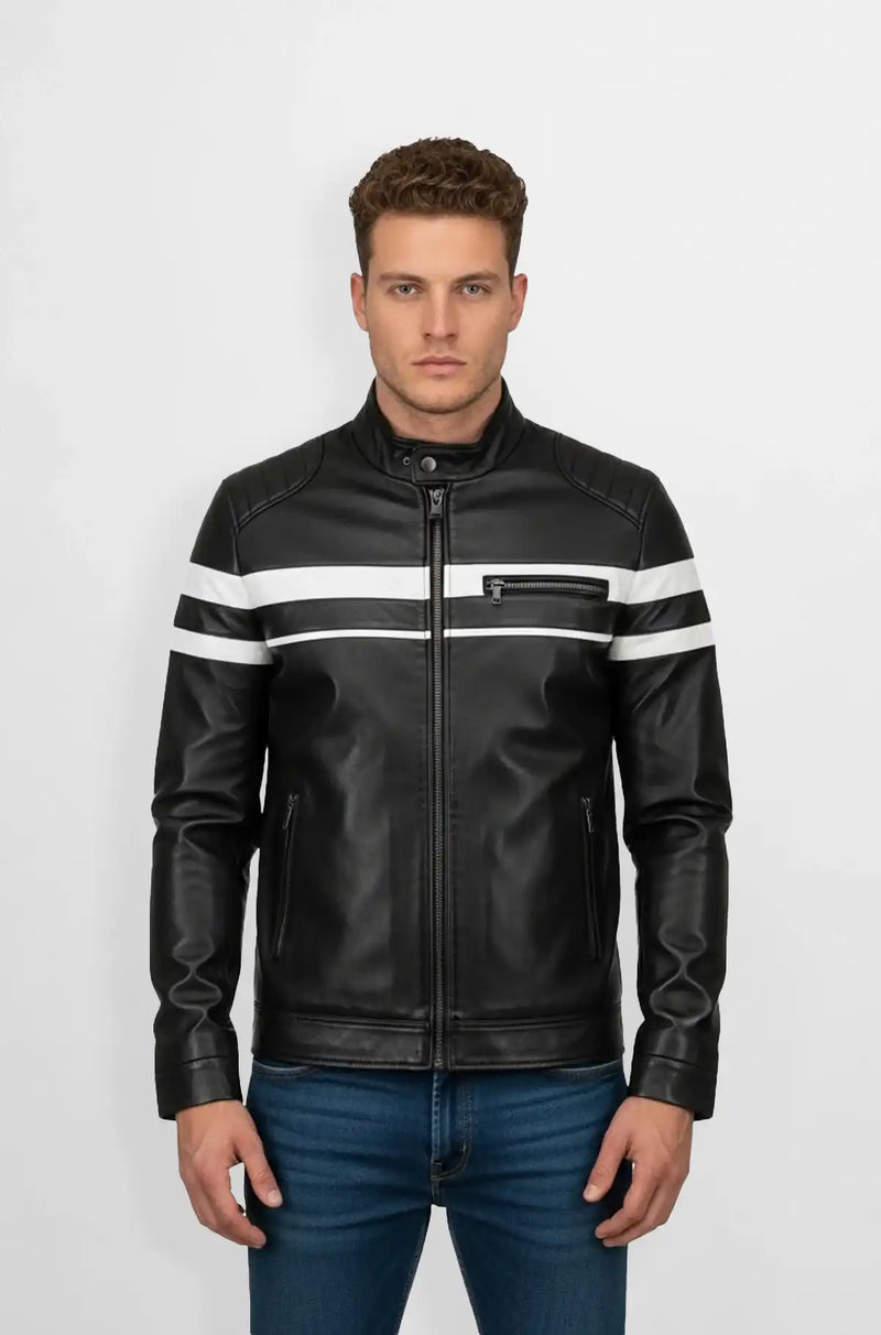Jet Black White Stripes Leather Biker Jacket Front view