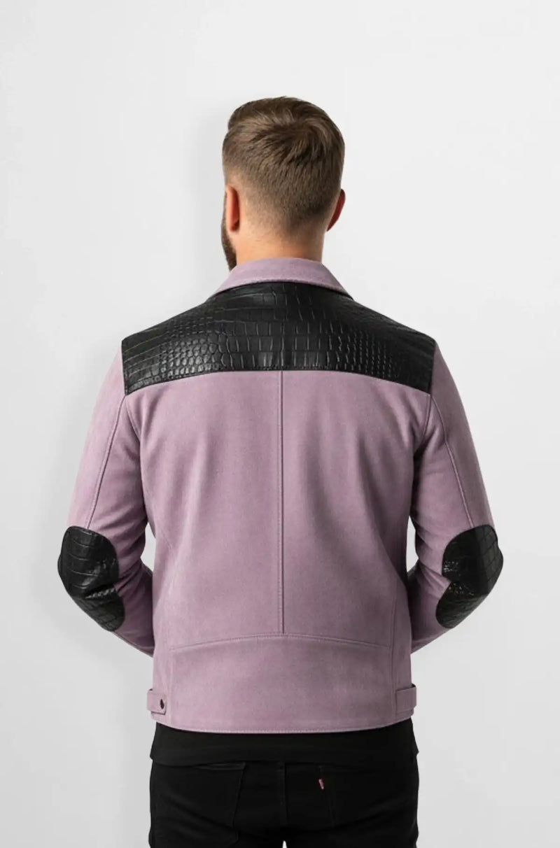Lavender Crocodile Suede Leather Bomber Jacket Back view