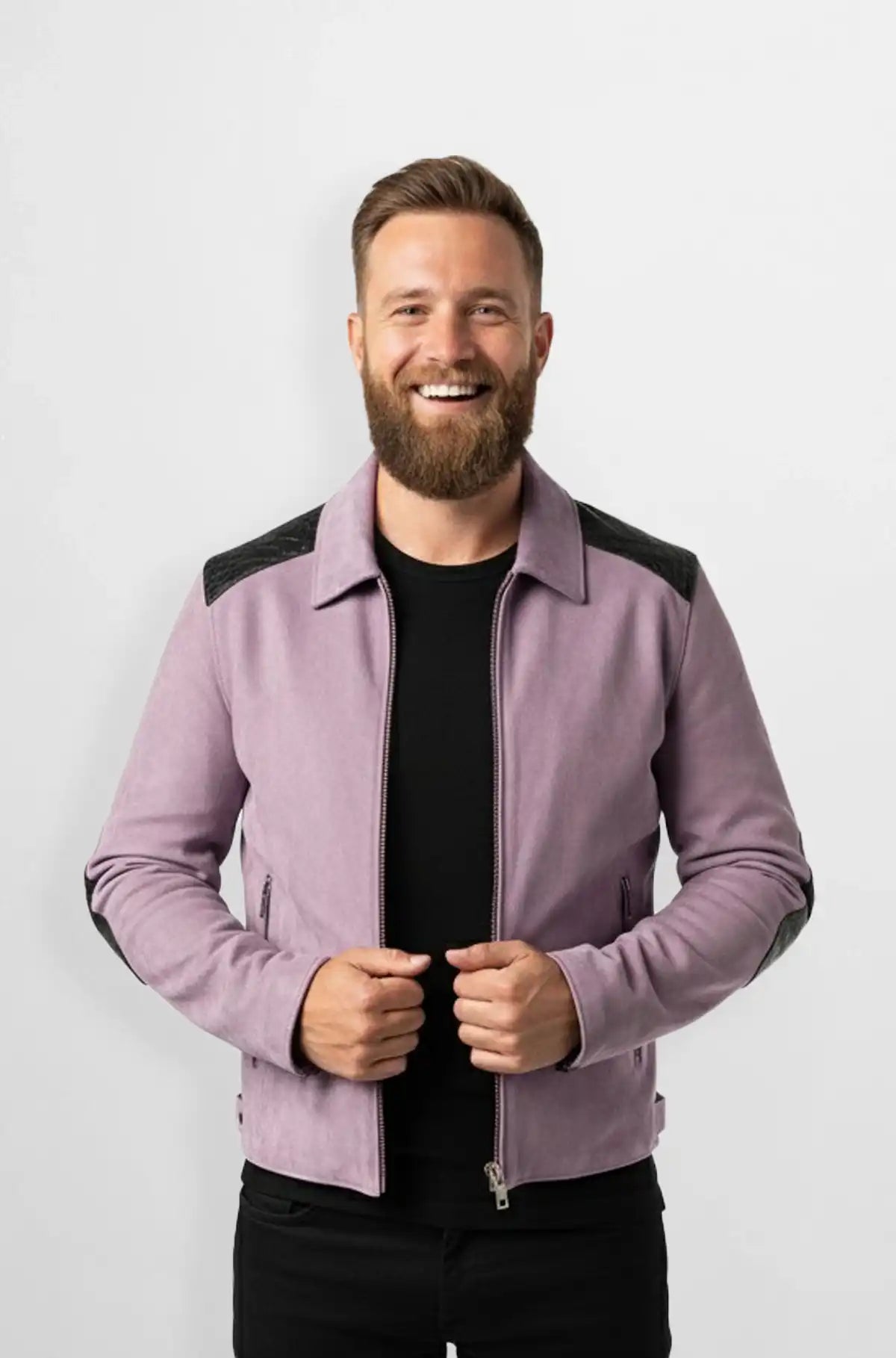 Lavender Crocodile Suede Leather Bomber Jacket Front view