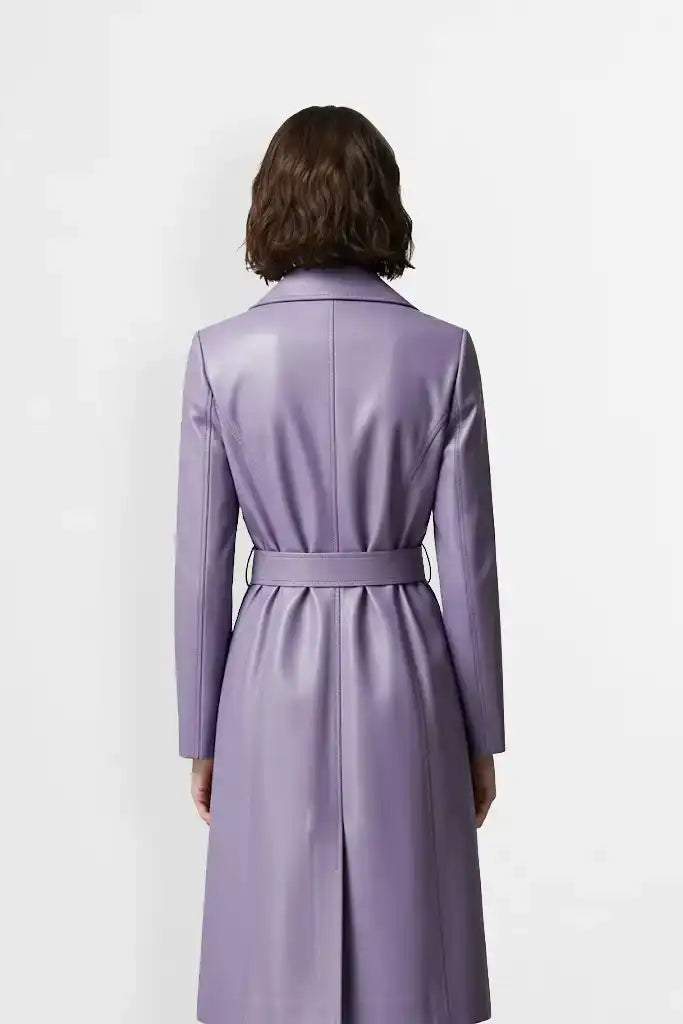Lavender Purple Leather Trench Coat Back view