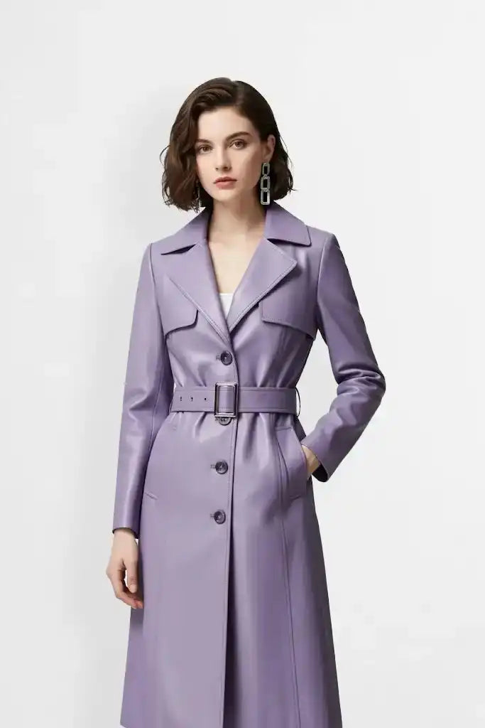 Lavender Purple Leather Trench Coat Front view