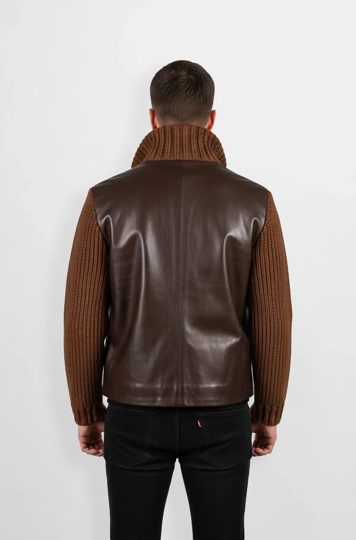 Leather Knit Sleeve Jacket Hybrid Bomber Style back view