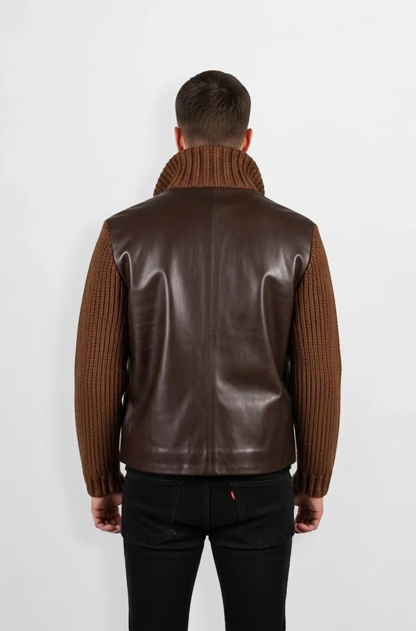 Leather Knit Sleeve Jacket Hybrid Bomber Style back view