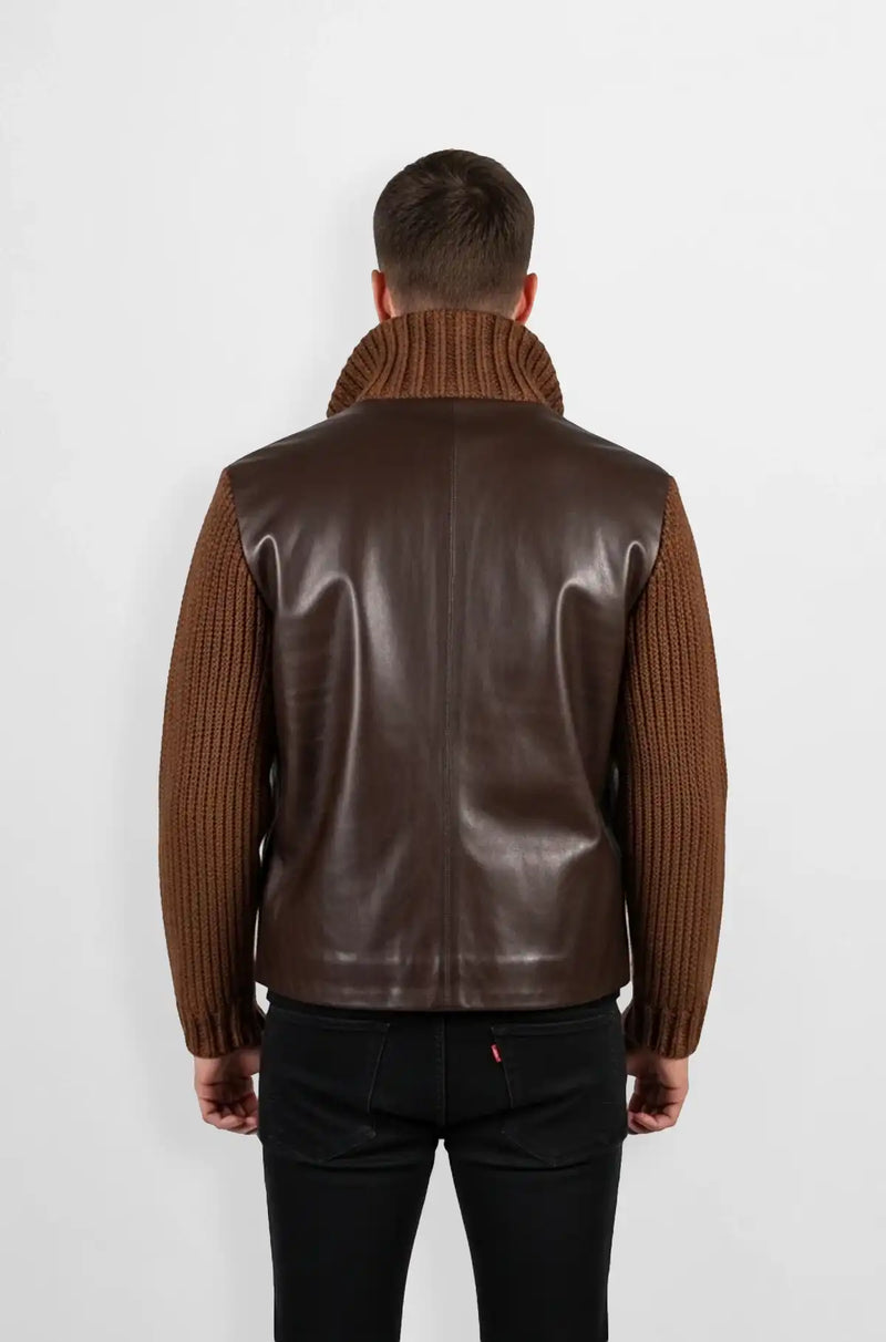 Leather Knit Sleeve Jacket Hybrid Bomber Style back view