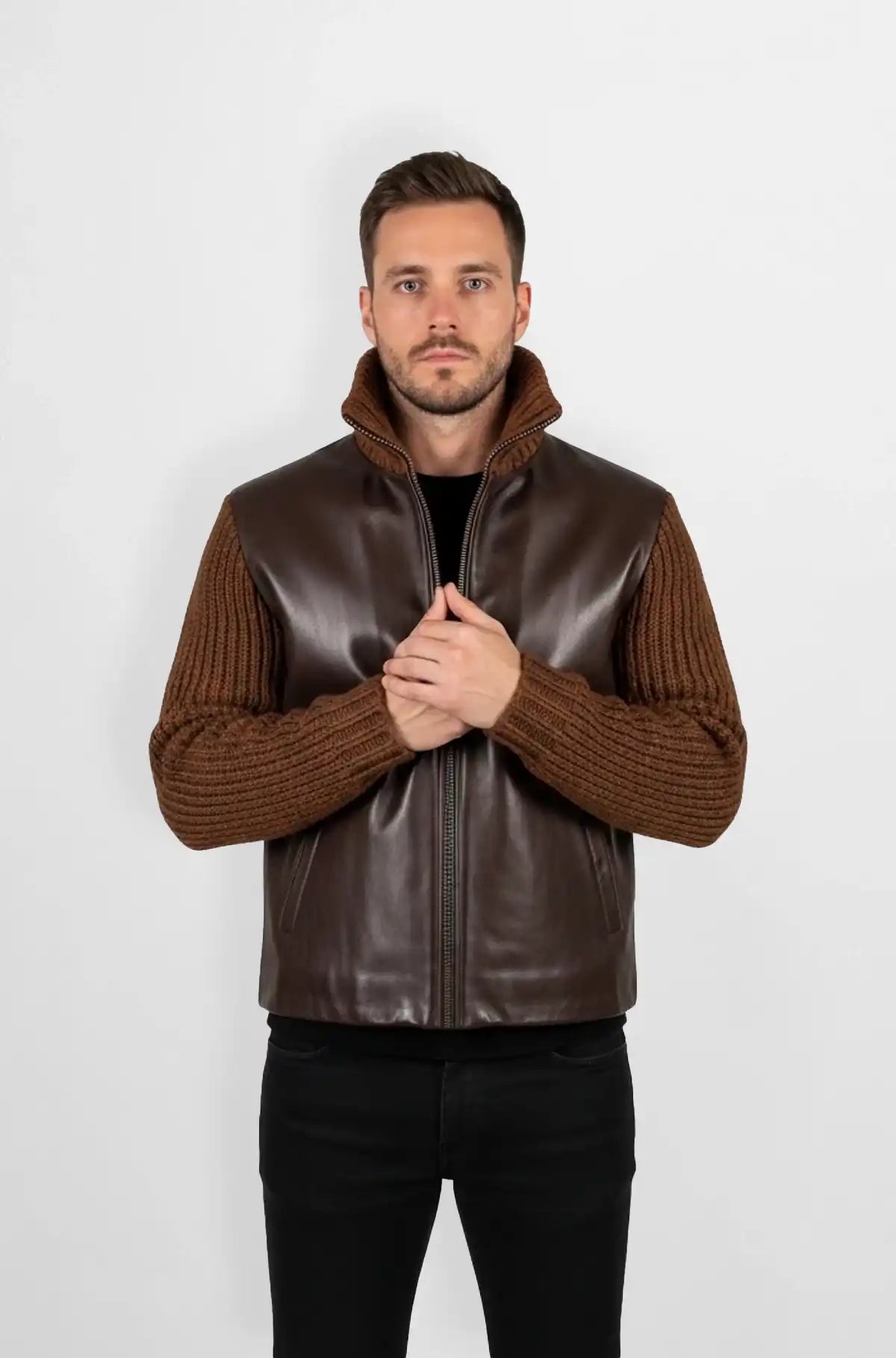 Leather Knit Sleeve Jacket Hybrid Bomber Style front view
