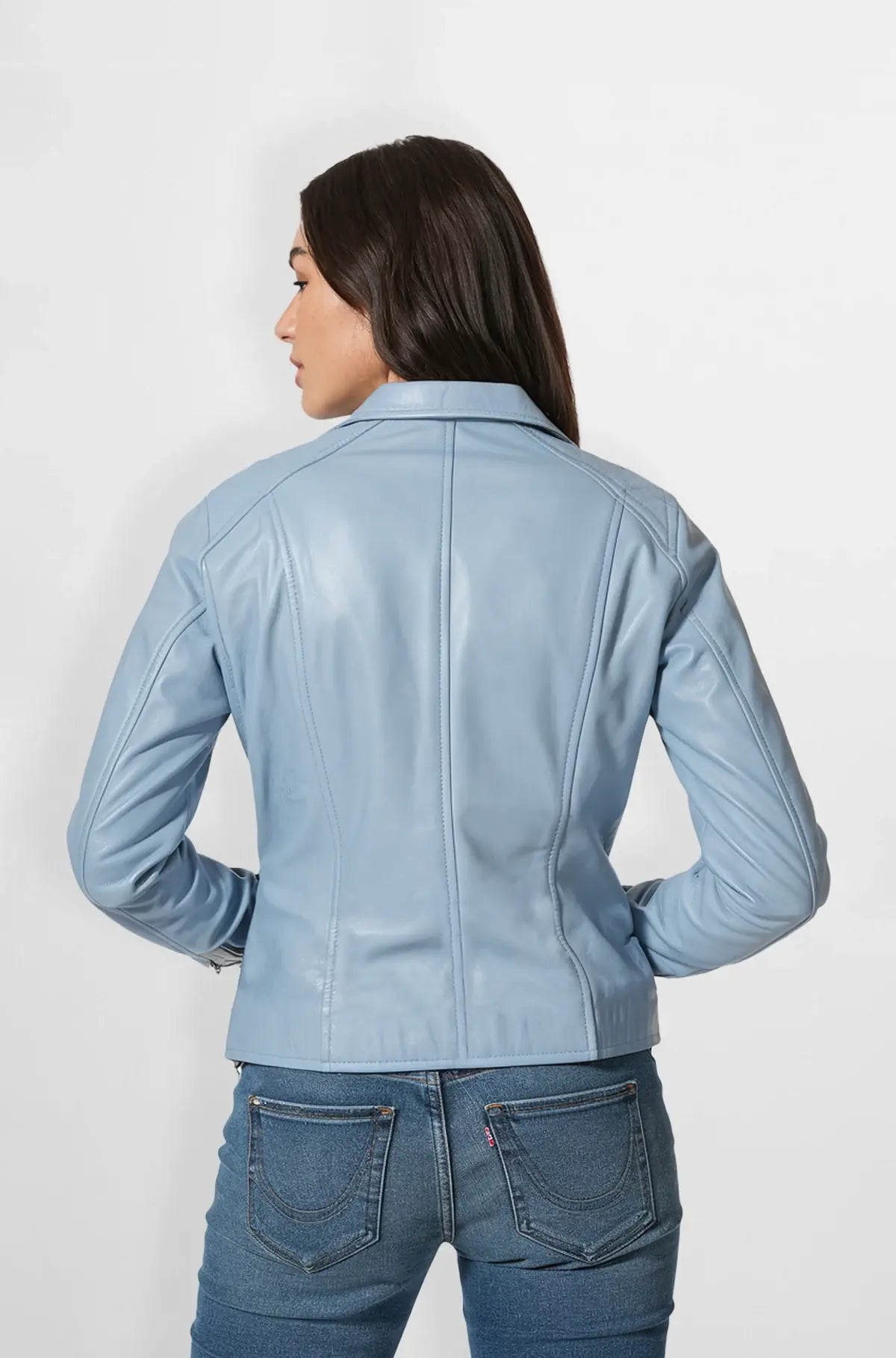 Light Blue Leather Biker Jacket for women