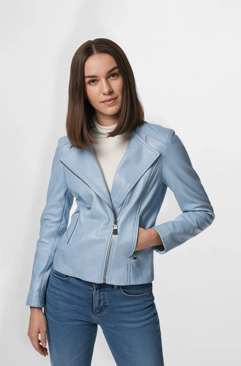 Light Blue Leather Biker Jacket for women back view