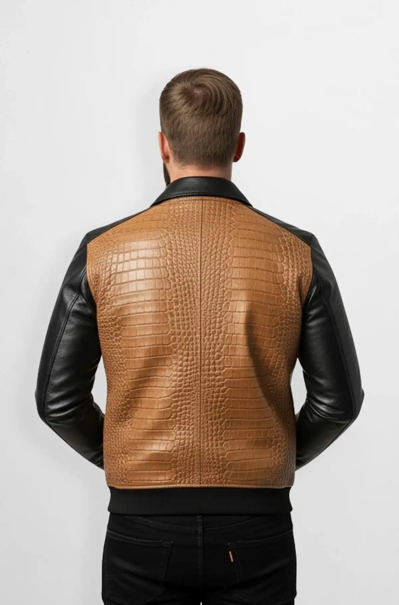 Light Brown Crocodile Leather Bomber Jacket Back view