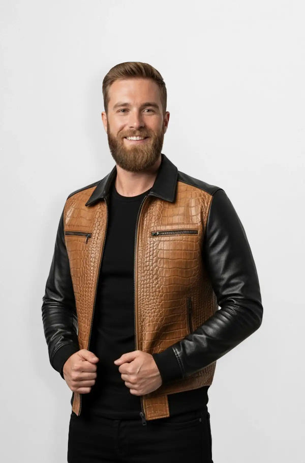 Light Brown Crocodile Leather Bomber Jacket Front view