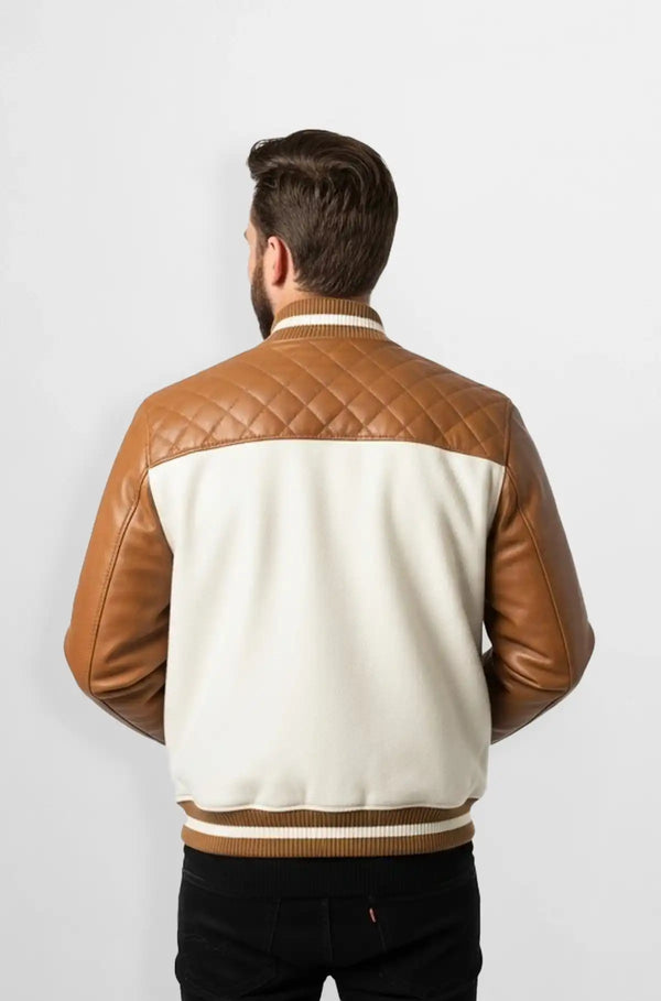 Light Brown Quilted Suede Leather Varsity Jacket Back view