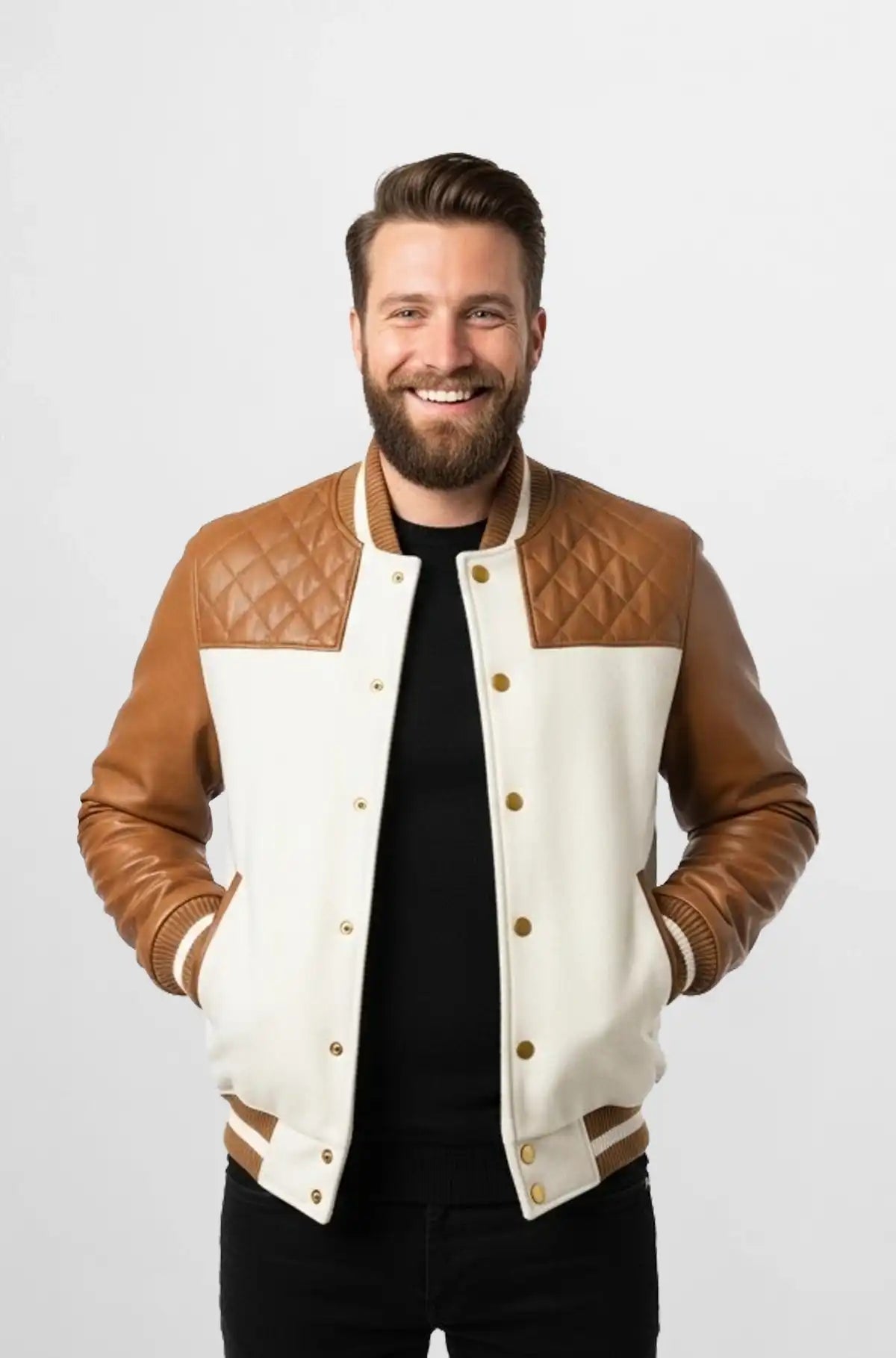 Light Brown Quilted Suede Leather Varsity Jacket Front view