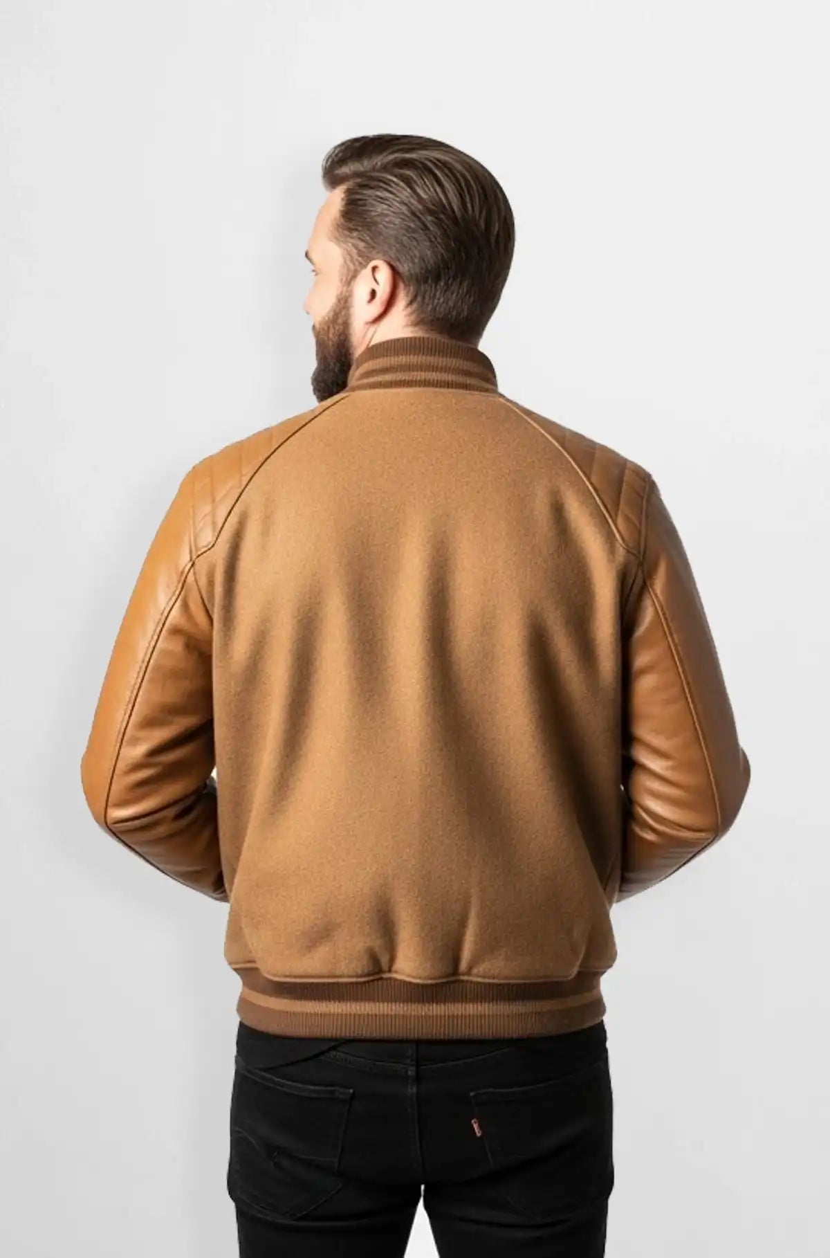 Light Brown Quilted Wool Leather Varsity Jacket Back view