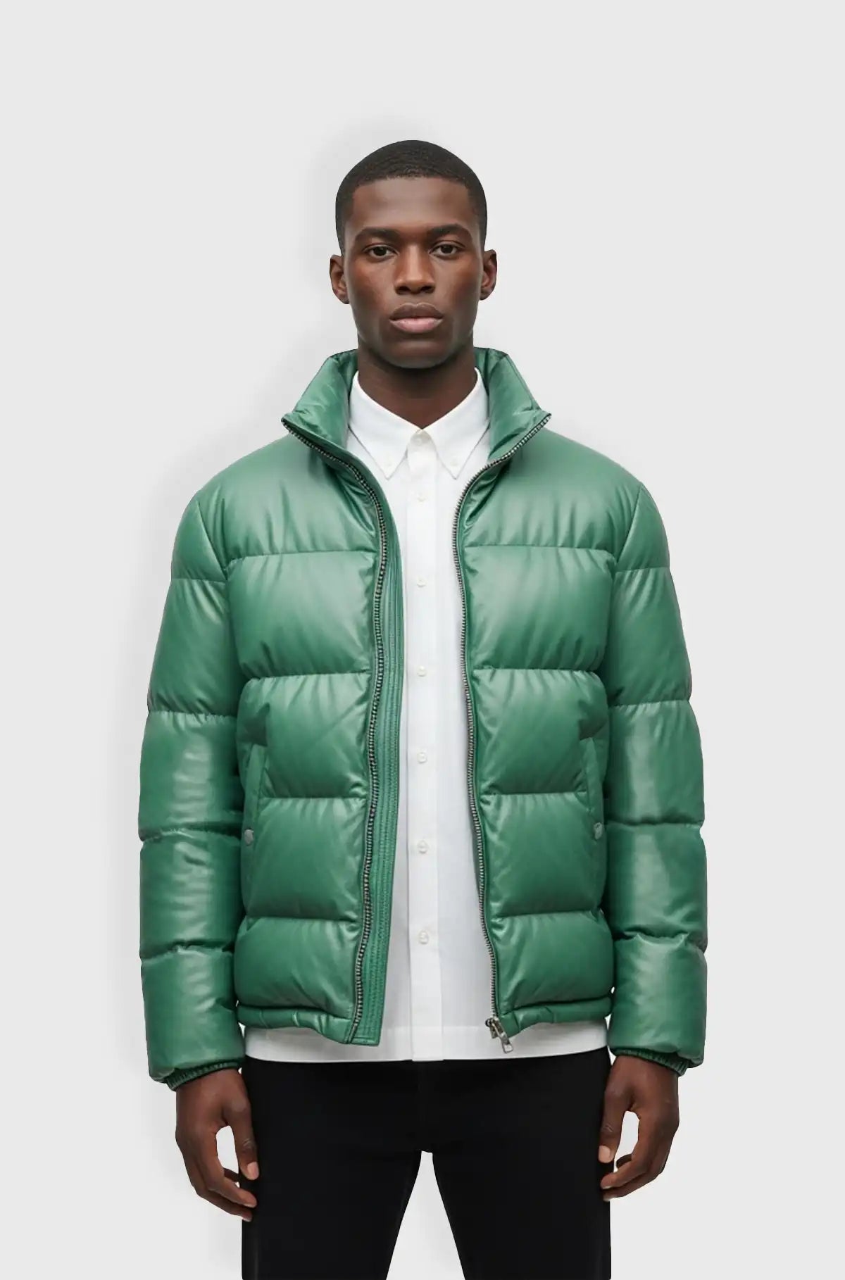 Light Green Leather Puffer Jacket for Men