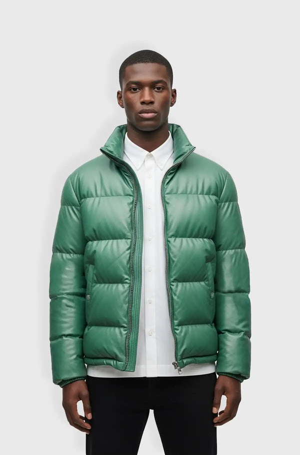 Light Green Leather Puffer Jacket for Men