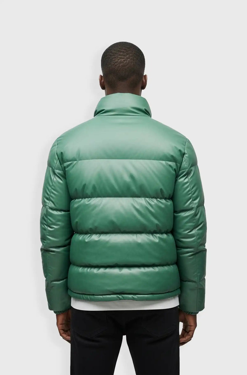 Light Green Leather Puffer Jacket for Men