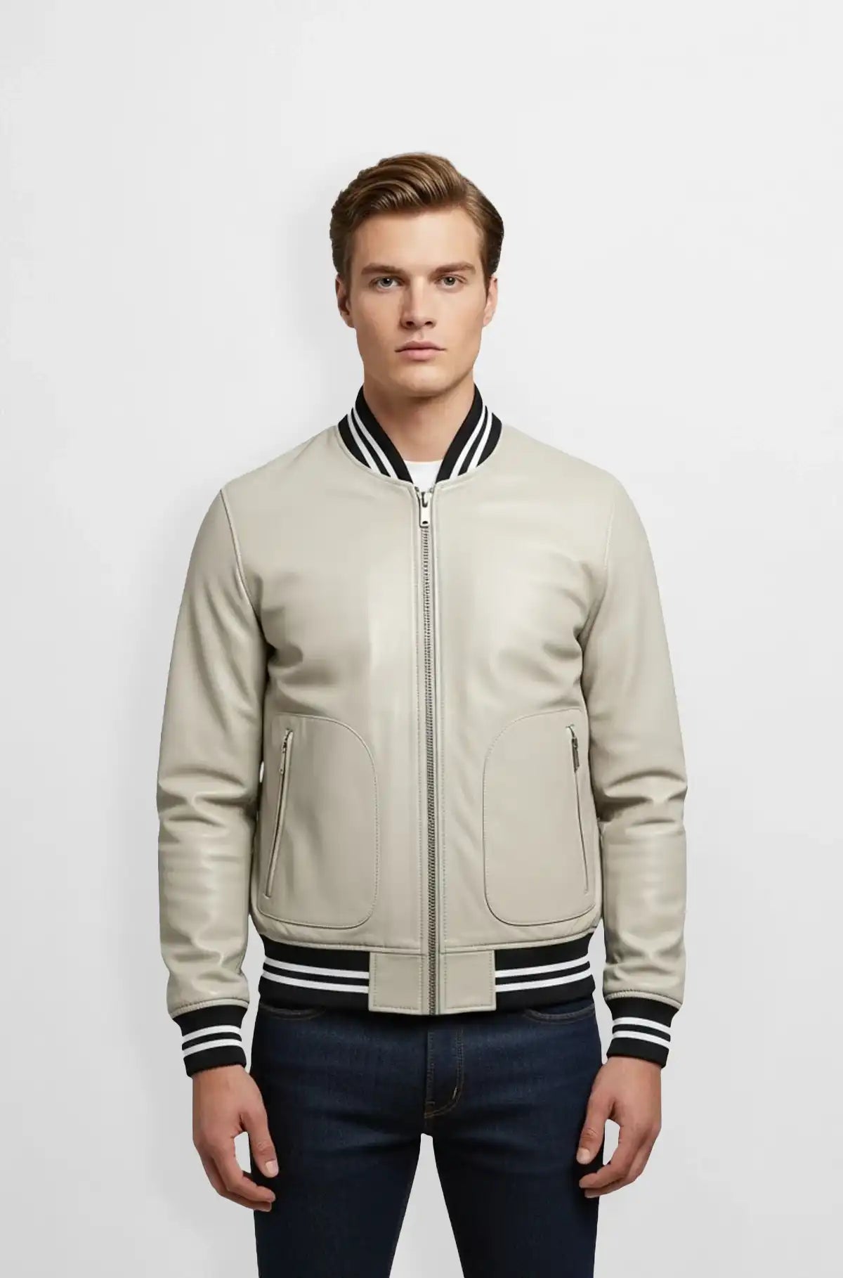 Light Grey Varsity Bomber Leather Jacket