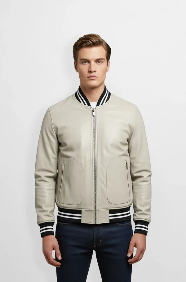 Light Grey Varsity Bomber Leather Jacket