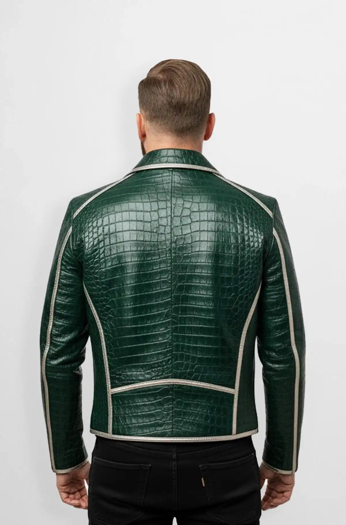 Luxe Green Crocodile Pattern Biker Jacket
