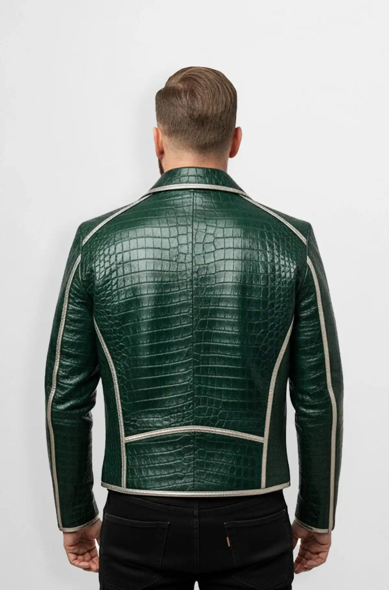 Luxe Green Crocodile Pattern Biker Jacket