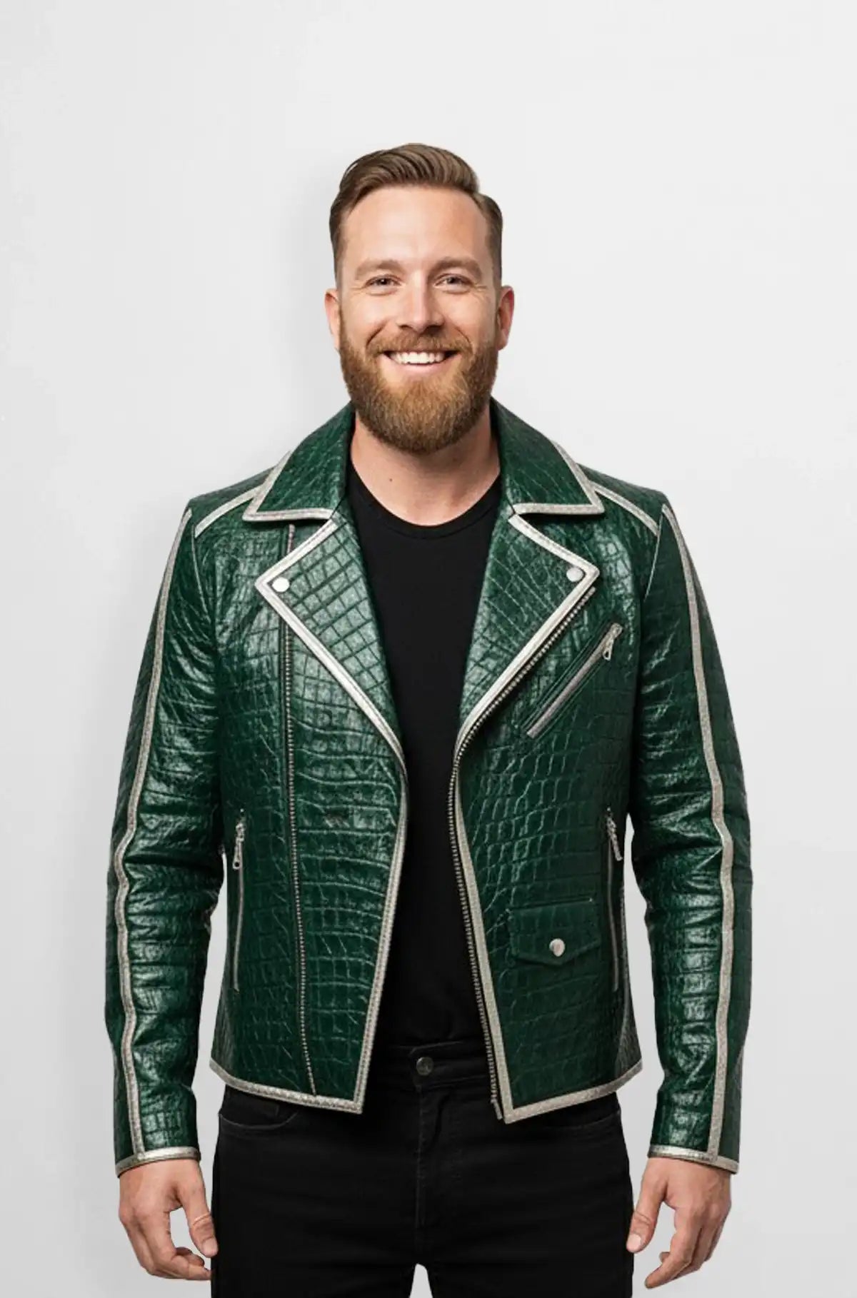 Luxe Green Crocodile Pattern Biker Jacket